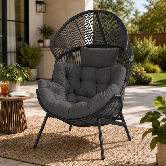 Dovov Oversized Egg Chair with Thick Cushion, Indoor Outdoor Wicker Patio Lounge Chair, 550 lb Capacity Rattan Basket Chair for Porch, Garden, Balcony, Living Room, Gray