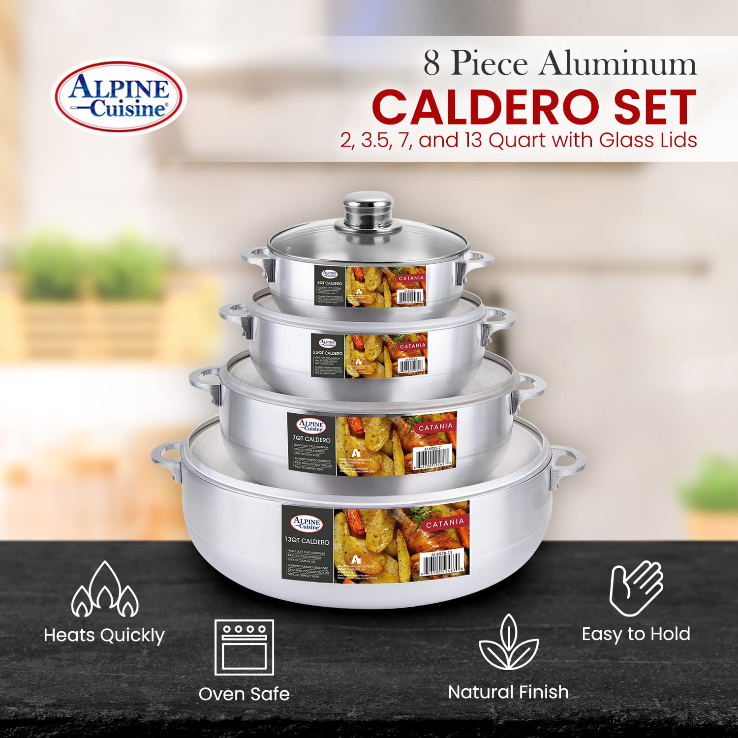  Alpine Cuisine Aluminum Caldero Stock Pot Set (2/3.5/7/13  Quart), Cosine Cooking Dutch Oven, Serve Large & Small Groups, Riveted  Handles, Commercial Grade (8 Piece Set): Home & Kitchen