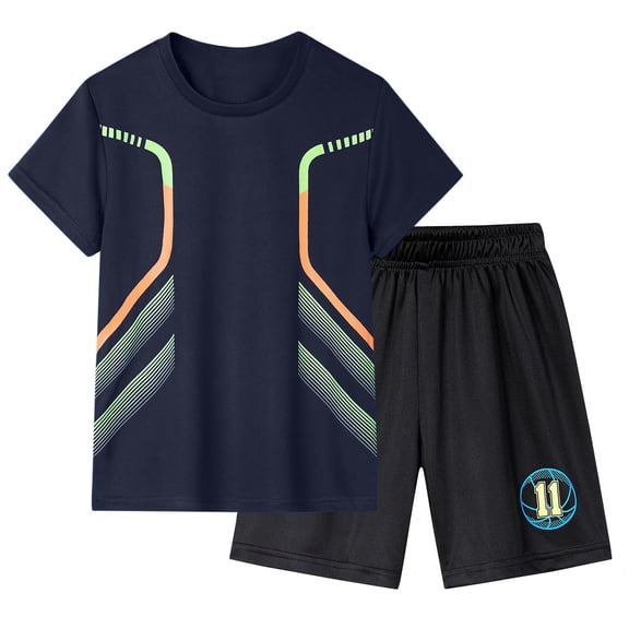 VNKIDY Boys Kids Two Piece Sports Outfit Set Stripe Print Short Sleeve Crewneck TShirts Elastic Waist Breathable Shorts Athletic Set For Outdoor Activities Blue 9-10 Years