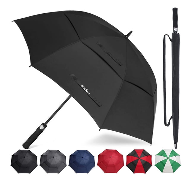 ACEIken Golf Umbrella Windproof Large 62 Inch Double Canopy Vented Automatic Open Extra Large OversizedSun Protection Ultra Rain Wind Resistant Stick Umbrellas (Black)