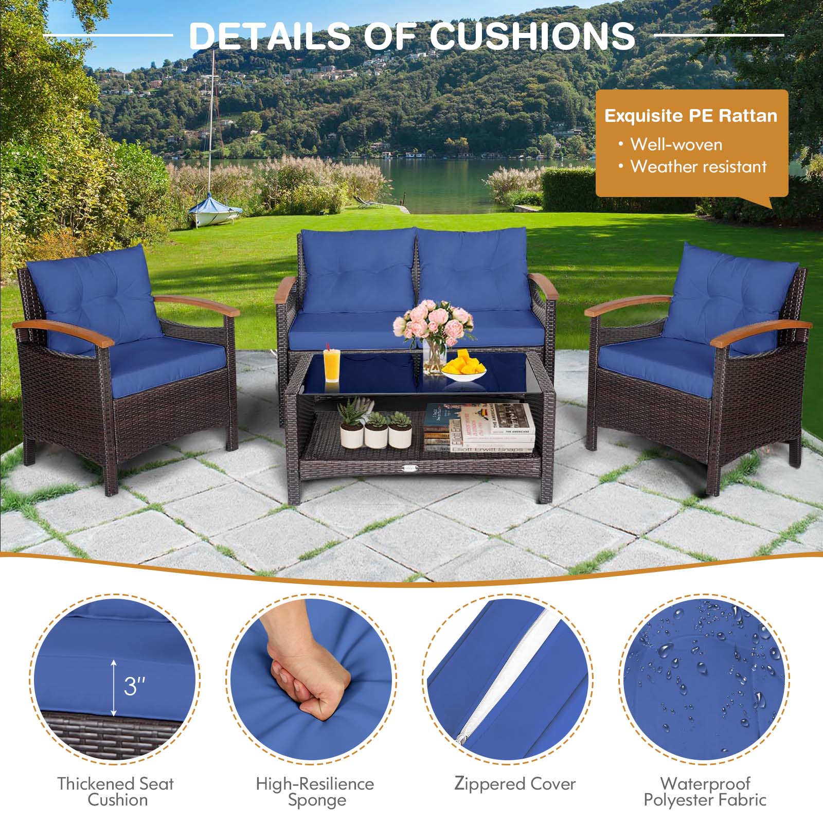 Patiojoy Patio Rattan 4PCS Cushioned Chair Side Table Set Bistro Set Classic Furniture Single Sofa Thick Cushion Loveseat for Garden Navy - image 4 of 7
