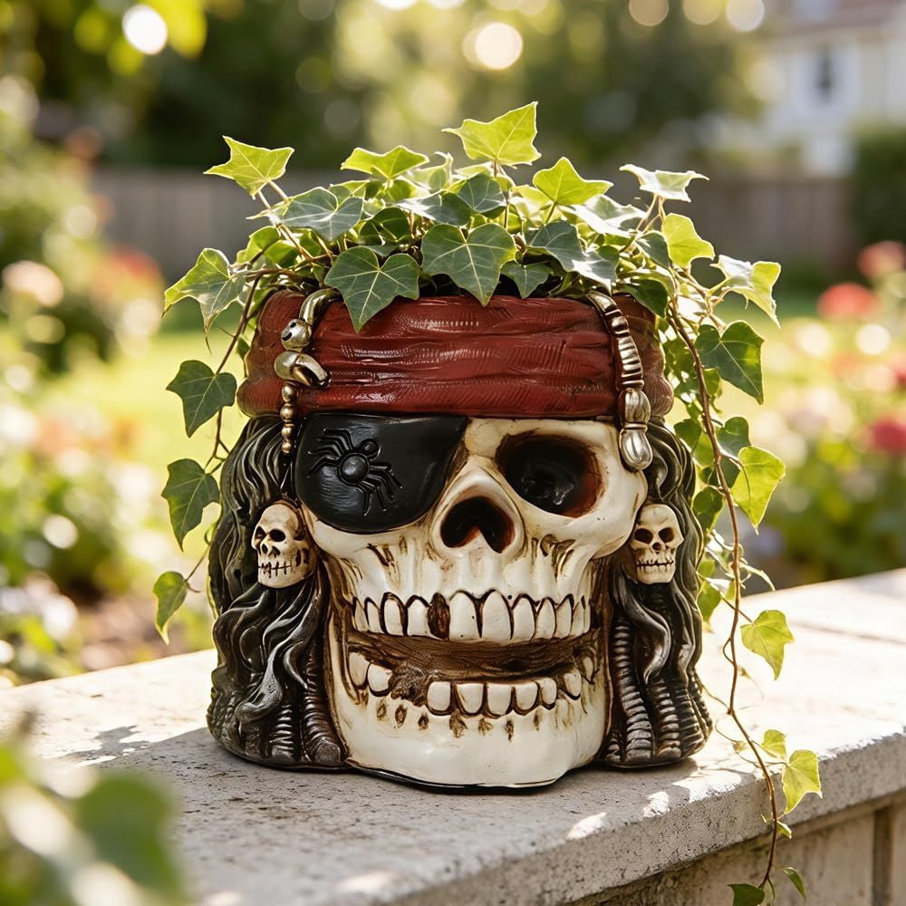Pirate Skull Planter Flowerpot with Drainage Hole for Gothic Home Decor
