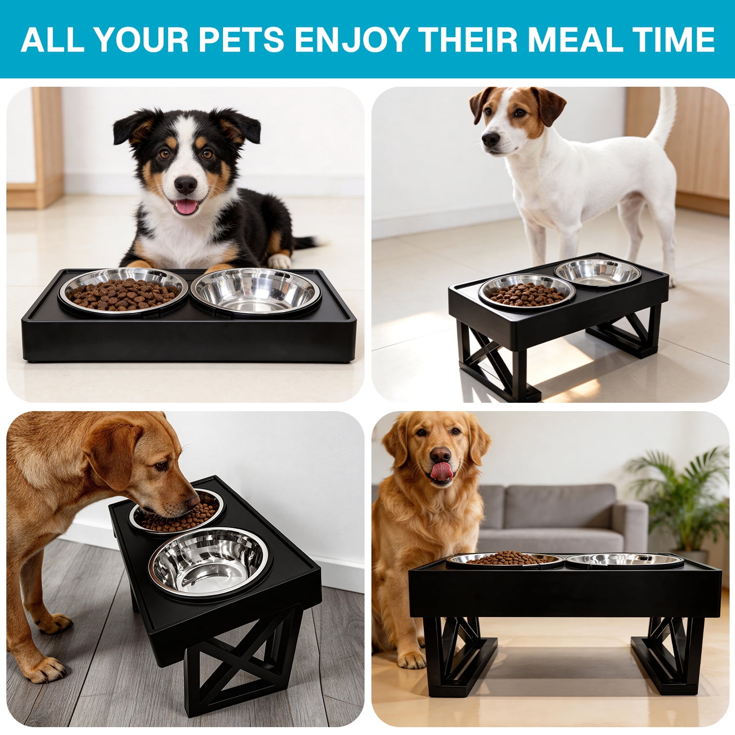 Behmoe Elevated Dog Bowls for Medium Large Dogs,3 Heights Adjustable Breed Raised Dogs Bowl Stand with 2 Stainless Steel Water And Food Bowls,Non-Slip Feeder Dish Station,Black
