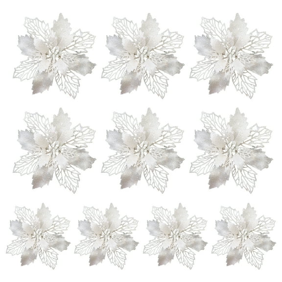 10pcs Glitter Poinsettia Flowers Artificial White Christmas Flowers Christmas Tree Garland Tree Ornaments Ribbon