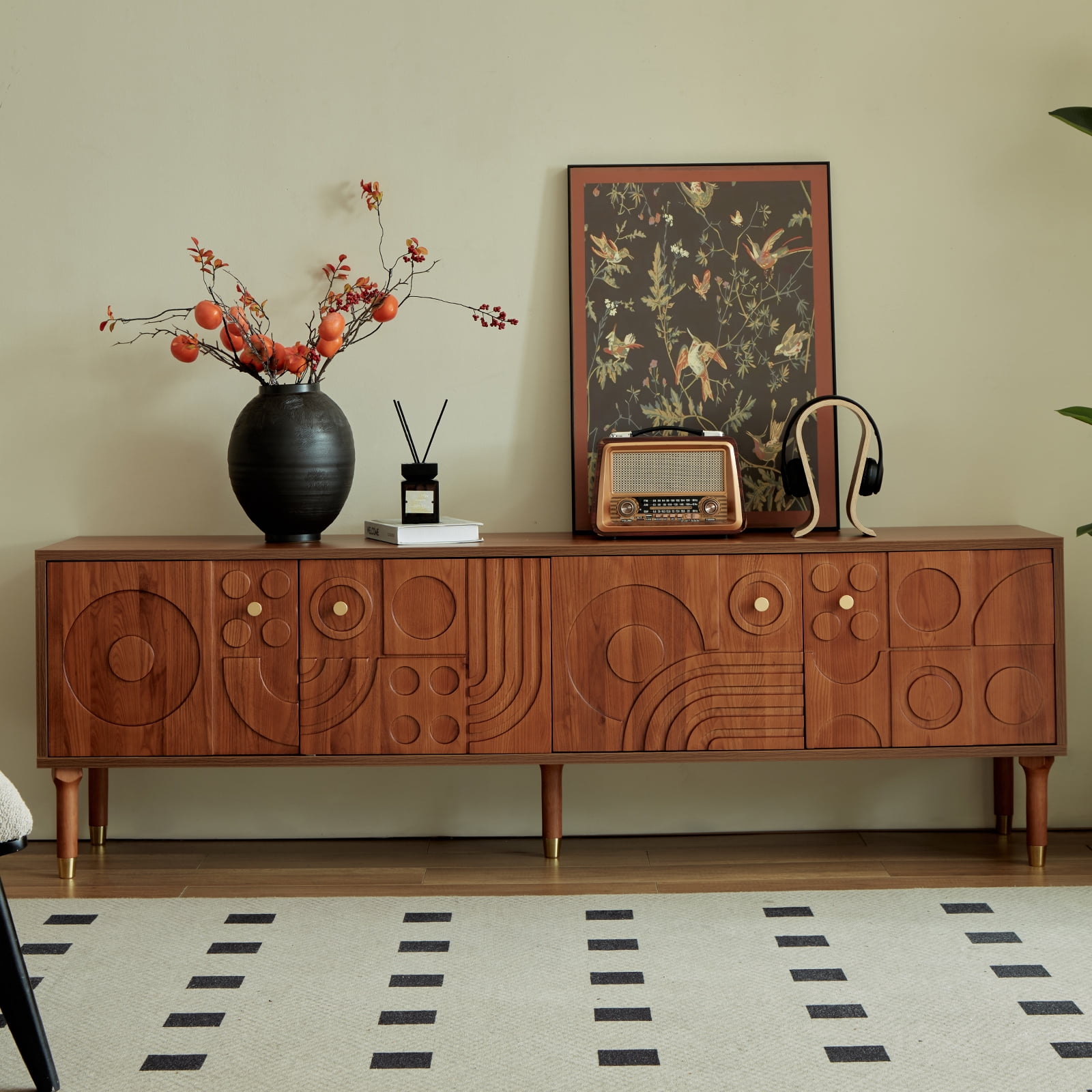 siu want Modern TV Stand for 75 inch TV, 66.9" Retro Media Console with Carved Geometric Doors & 4 Cabinets, Walnut Entertainment Center​