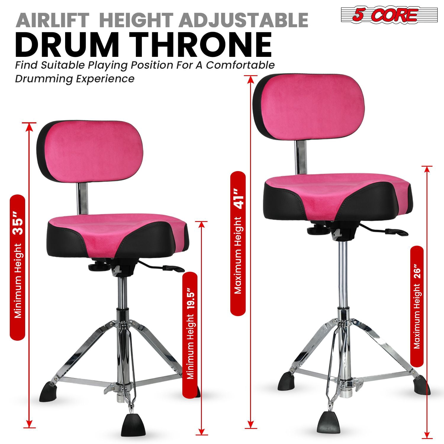 Drum Throne with Backrest, 4" Padded Stool with Airlift Adjustment 19"-25", 441Lb Capacity Heavy-Duty Drum Stool for Drummers, Double-Braced Steel Base