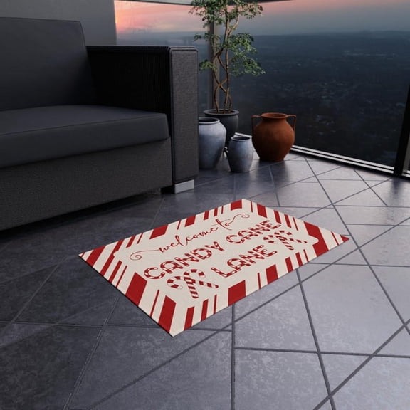 Christmas Candy Cane Lane Doormat, Red White Striped Holiday Welcome Mat, Non-Slip Washable Indoor/Outdoor Floor Rug for Entryway, 24x16in
