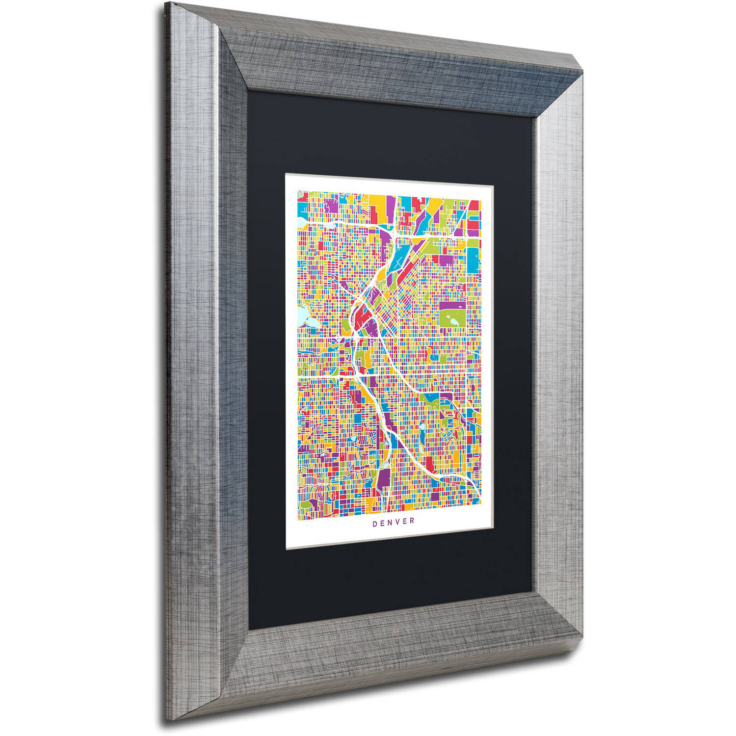 Trademark Fine Art "Denver Colorado Street Map 2" Canvas Art by Michael Tompsett, Black Matte, Silver Frame