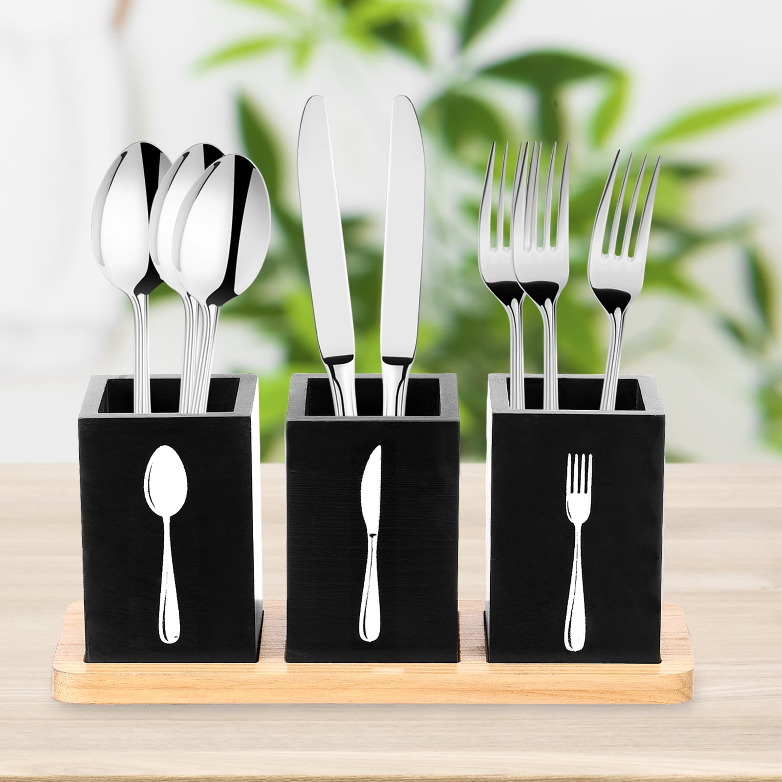 Tzdxfgl Wood Utensil Holder for Kitchen Counter, 3 Compartments Silverware Organizer Caddy, Black