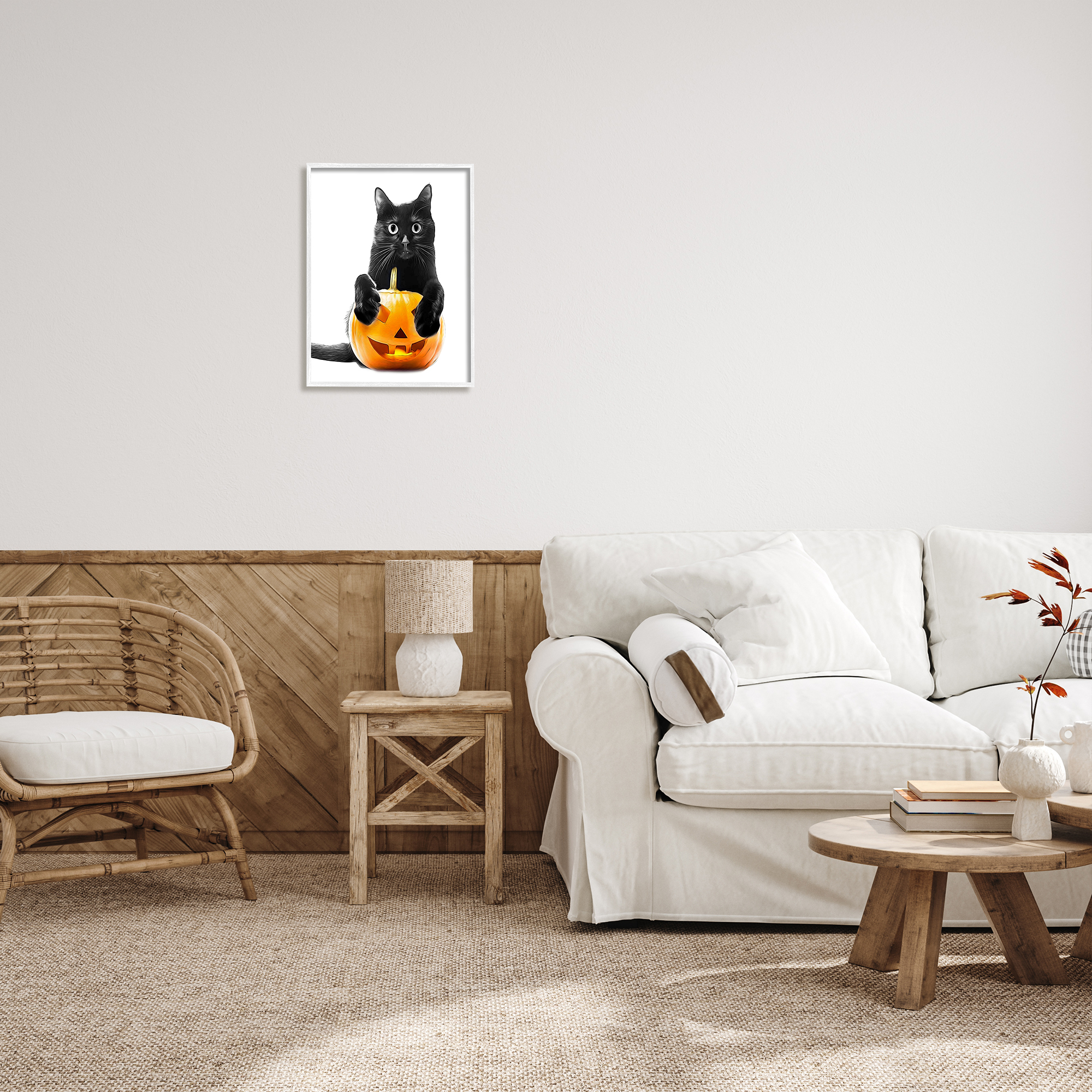 Stupell Industries Black Cat & Jack-o-Lantern Holiday Painting White Framed Art Print Wall Art, 16 x 20