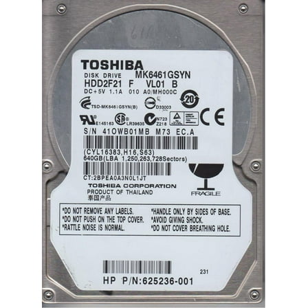 MK6461GSYN, A0/MH000C, HDD2F21 F VL01 B, Toshiba 640GB SATA 2.5 Hard Drive