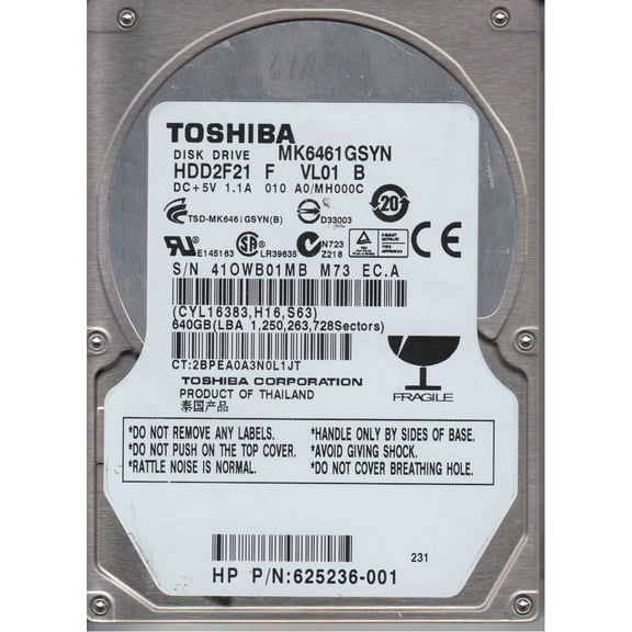 MK6461GSYN, A0/MH000C, HDD2F21 F VL01 B, Toshiba 640GB SATA 2.5 Hard Drive