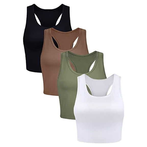 USSUMA Camisole Tops for Women Womens Tank Tops Women's Tops 4 Pieces Basic Crop Tank Tops Sleeveless Crop Sport Blouse Womens Tops Solidcolor