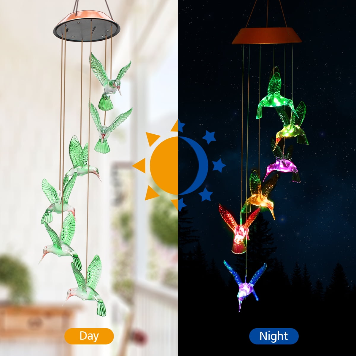 LED Solar Wind Chime Light Color Changing Hummingbird Garden Hanging Lamp S0V3