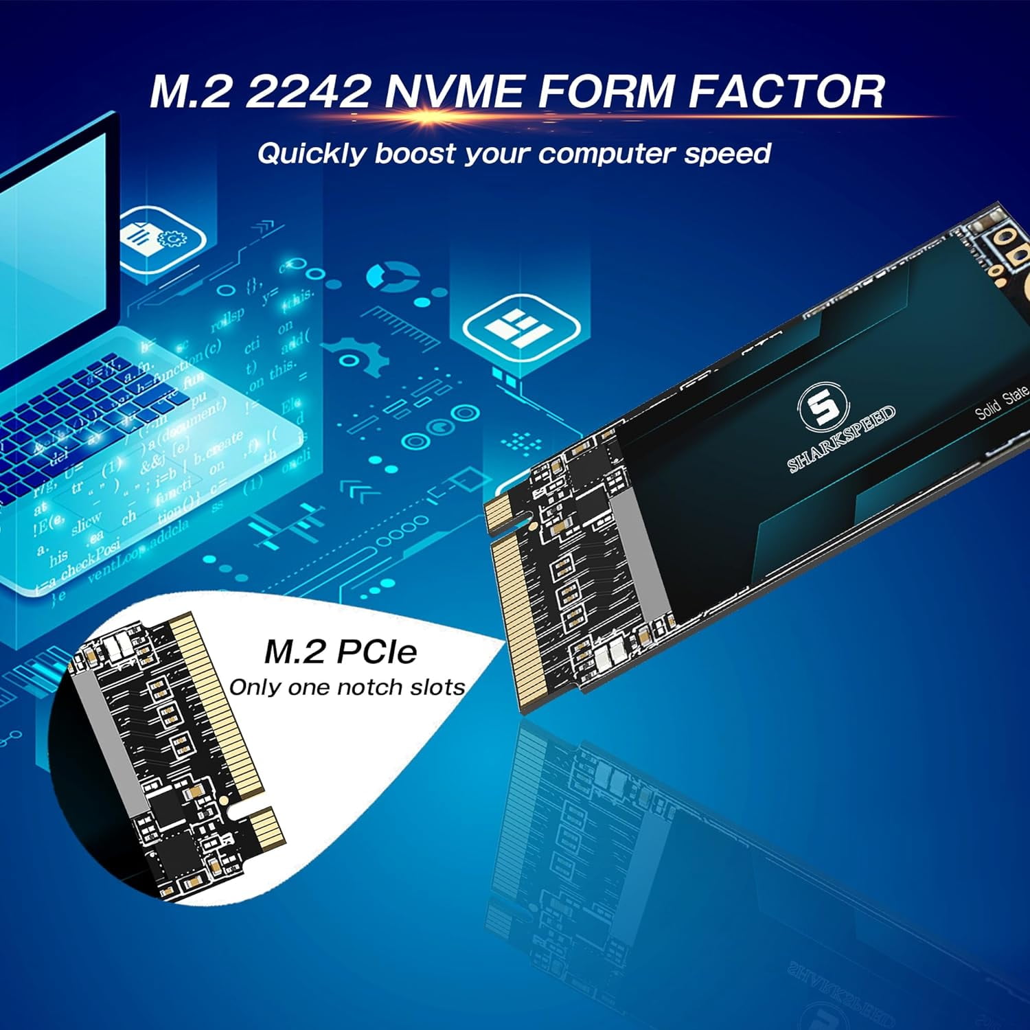 SSD 512GB M.2 2242 NVMe SHARKSPEED PCIe Gen3.0x4 42mm 3D NAND Internal Solid State Drive for Laptop Desktop Ultrabook