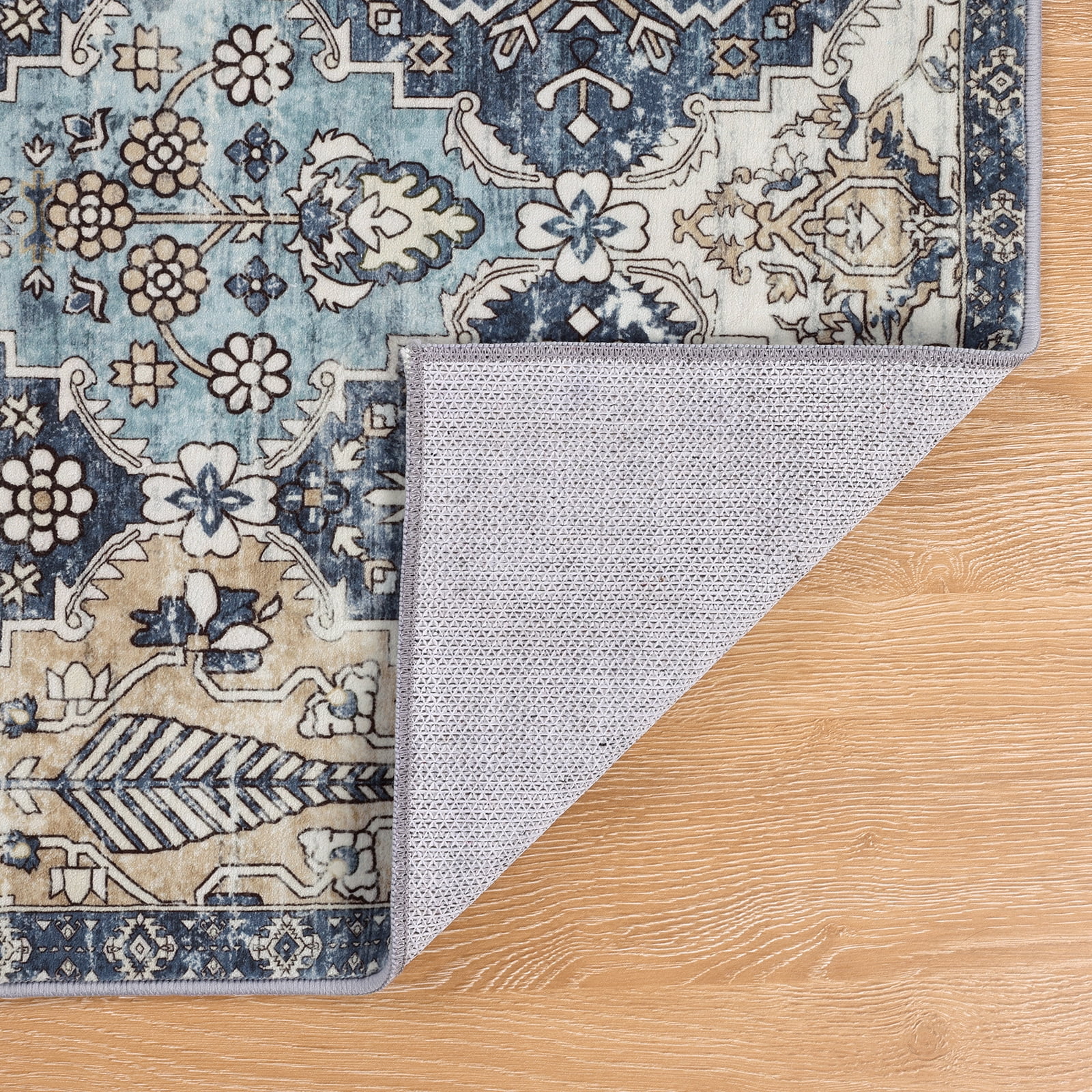 MeyJey 2'x6' Vintage Hallway Runner Rug, Oriental Non Slip Runner Rug Machine Washable Area Rug for Living Room Bedroom Carpet, Blue/Navy/Beige