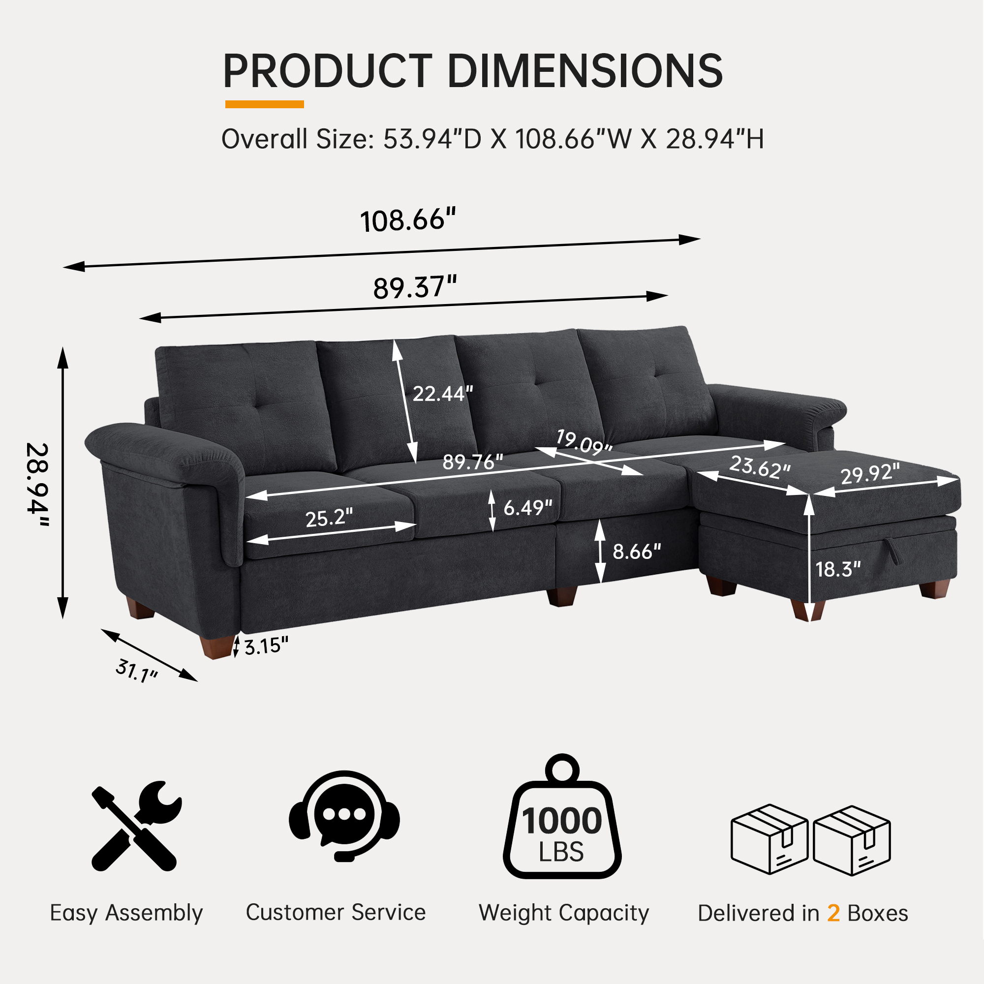 Jarenie Modern Microfiber 4 Seat L Shaped Sectional Sofa, Dark Grey