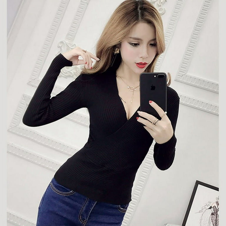 PIKADINGNIS Spring High Elastic Knitted Sweater Woman Sexy V-Neck Women  Sweaters And Pullovers Korean Long Sleeve Pull Femme 