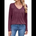 thumbnail image 2 of Camisetas de Larga para Mujer, Cuello en V, Suaves, Básicas, Holgadas, Informales, Moda de Otoño. Vino Tinto L, 2 of 10