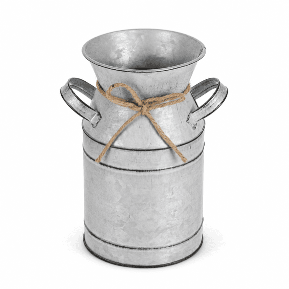 Galvanized Metal Milk Can Vase, 7.48 in Farmhouse Flower Container for Faux Floral Arrangement, Table Centerpiece, Shelf Decor