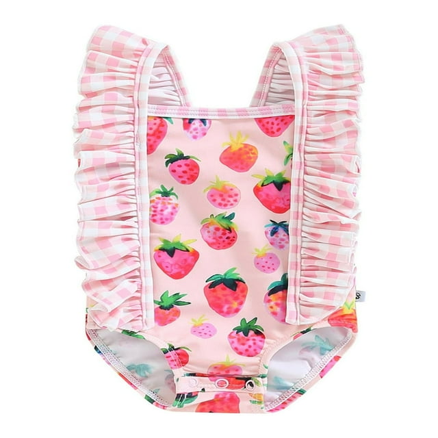 Maillot de Bain Bikini pour Bébés Filles à Manches Volantées, Encolure Carrée, Imprimé Fraise Crème Glacée