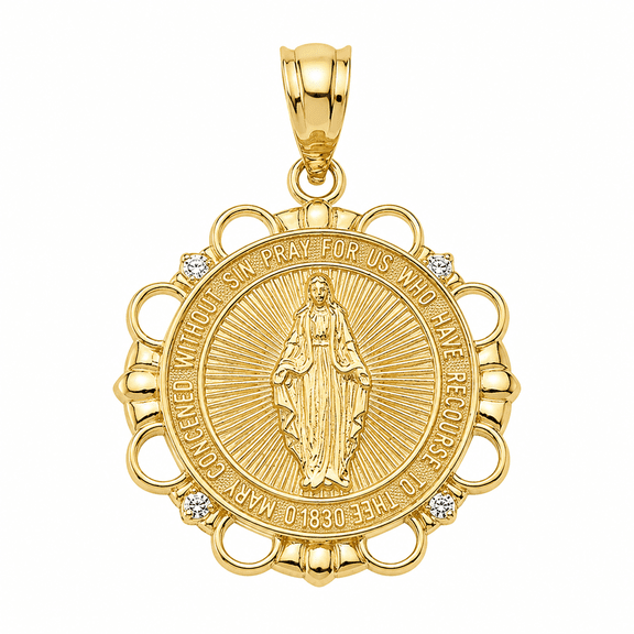 Solid Gold Diamond Mary Immaculate Miraculous Medal Circle (10K Yellow Gold, Pendant)