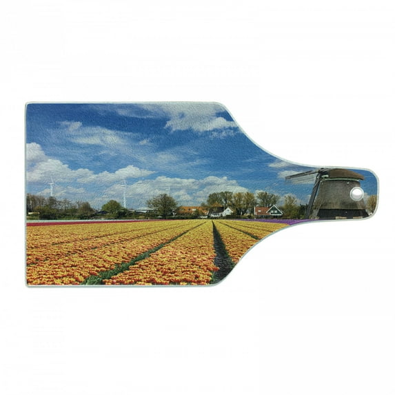 Windmill Cutting Board, Tulips of Holland Countryside Landscape in Springtime with Rustic Houses Print, Tempered Glass Cutting and Serving Board, Wine Bottle Shape, Multicolor, by Ambesonne