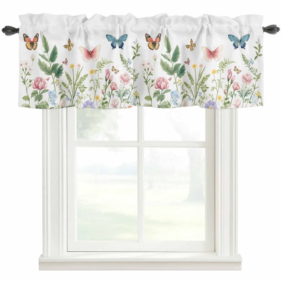 Butterfly Flower Valances for Windows Spring Floral Retro Rod Pocket Curtain Valance Window Treatment Short Curtains for Kitchen Living Room, 54"x18"
