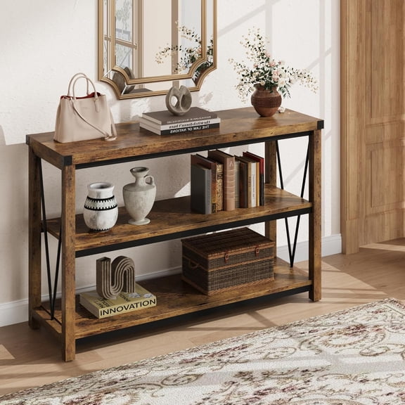 Farmhouse Console Table, 47" Narrow Long Entryway Table with Storage, 3 Tier Wood Console Table for Living Room, Skinny Sofa Tables Behind Couch, Rustic Hallway Table for Entryway