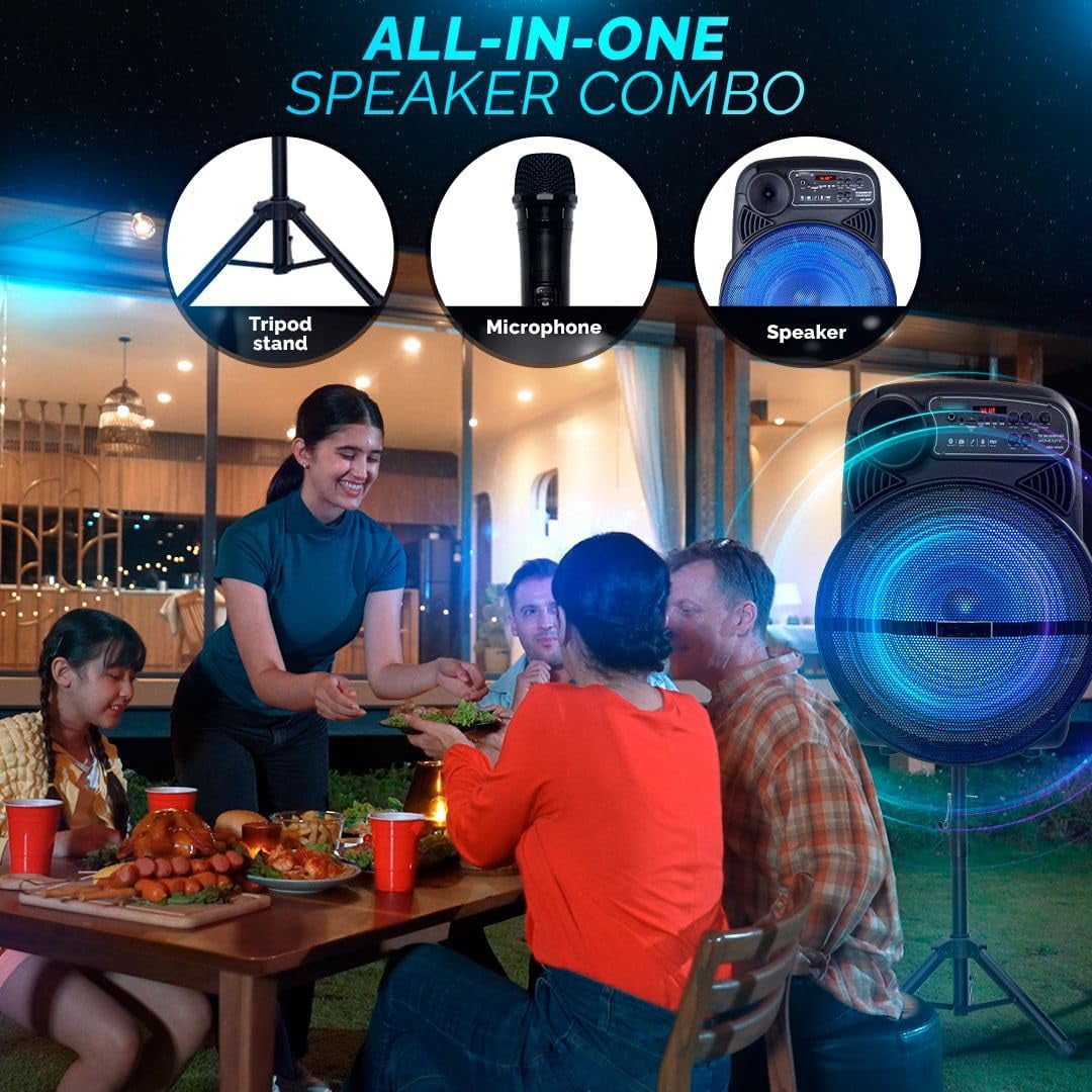 RIDWIND 15" Portable Party Bluetooth Speaker with LED Lights, Stand, Wireless Mic, and Rechargeable Battery – Ideal for Outdoor Events, Karaoke, and House Parties