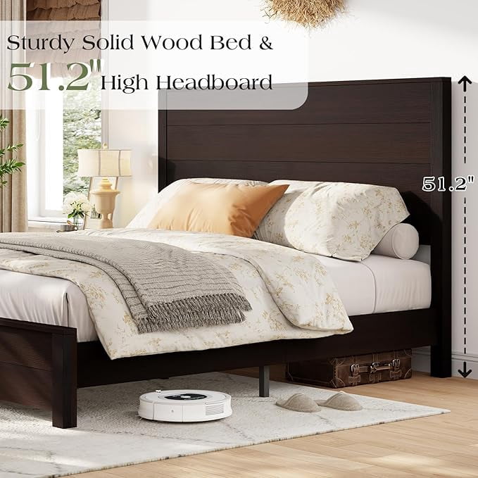 VanAcc Queen Size Wood Platform Bed, Rustic Bed Frame with 51.2" Tall Slatted Headboard, Wooden Slats & Metal Support, Noise Free, Espresso