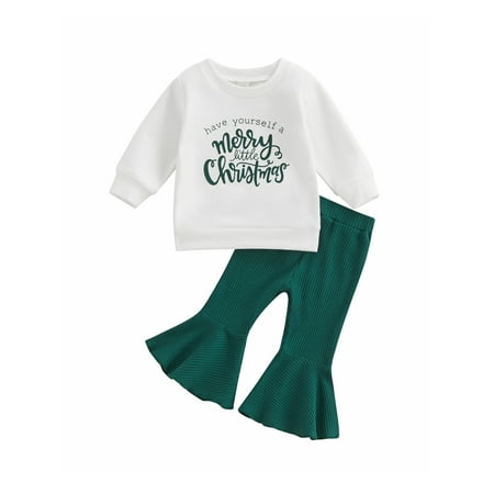 

Toddler Baby Girls Christmas Outfits Letter Print Long Sleeve Sweatshirt T-shirt Tops and Casual Flare Pants Set