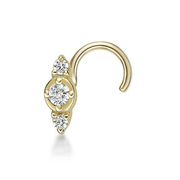 20 Gauge Curved 10K Yellow Gold Cubic Zirconia Three Stone Nose Ring