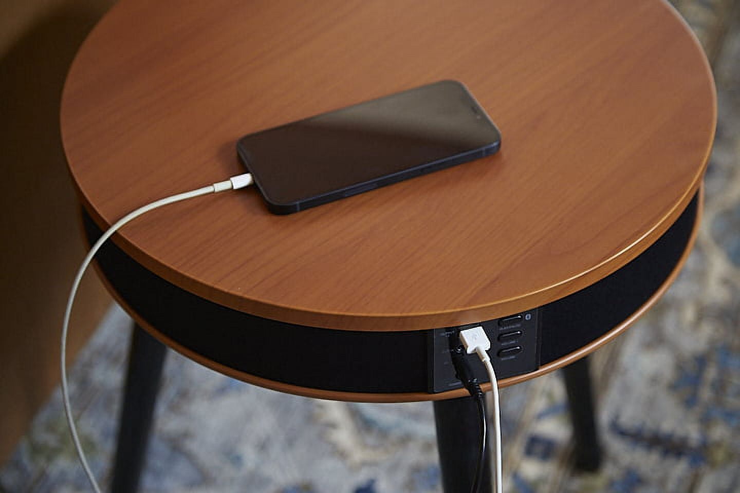 DecorTech Round End Table with Bluetooth Speaker and USB Charging Port, Walnut