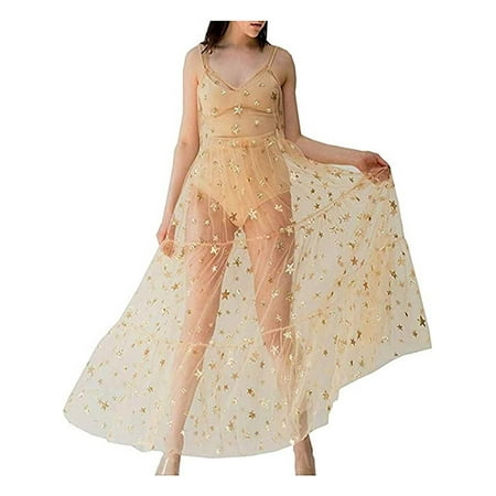 Caitzr Women s See Through Sheer Mesh Cover Up Maxi Dress Strappy Star Lace Beach Dresses Swimwear Bikini Bathing Suit Coverups