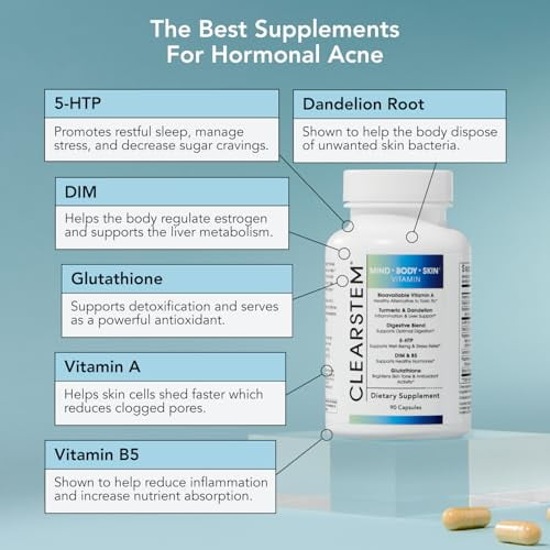 CLEARstem - MINDBODYSKIN Hormonal Acne Supplement (5-HTP) - Natural DIM  Supplement - Skin Care Vitamins - Hormone Balance, Antioxidants - Vegan,  Gluten Free, Cruelty Free - 30 Servings, 90 Capsules