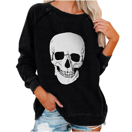 

Women Long Sleeve Plus Size Oversize Blouse Casual Loose Vintage Skull Print Slogan Pullover Top 90s Round Neck Drop Shoulder Hollaween Gothic Graphic Fall Sweatshirt