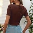 thumbnail image 4 of Top de manga corta para mujer, Top cruzado con cuello Halter fruncido en la parte delantera, Color puro, ajustado, camiseta para mujer, Top para fiesta, compras, viajes, 4 of 6