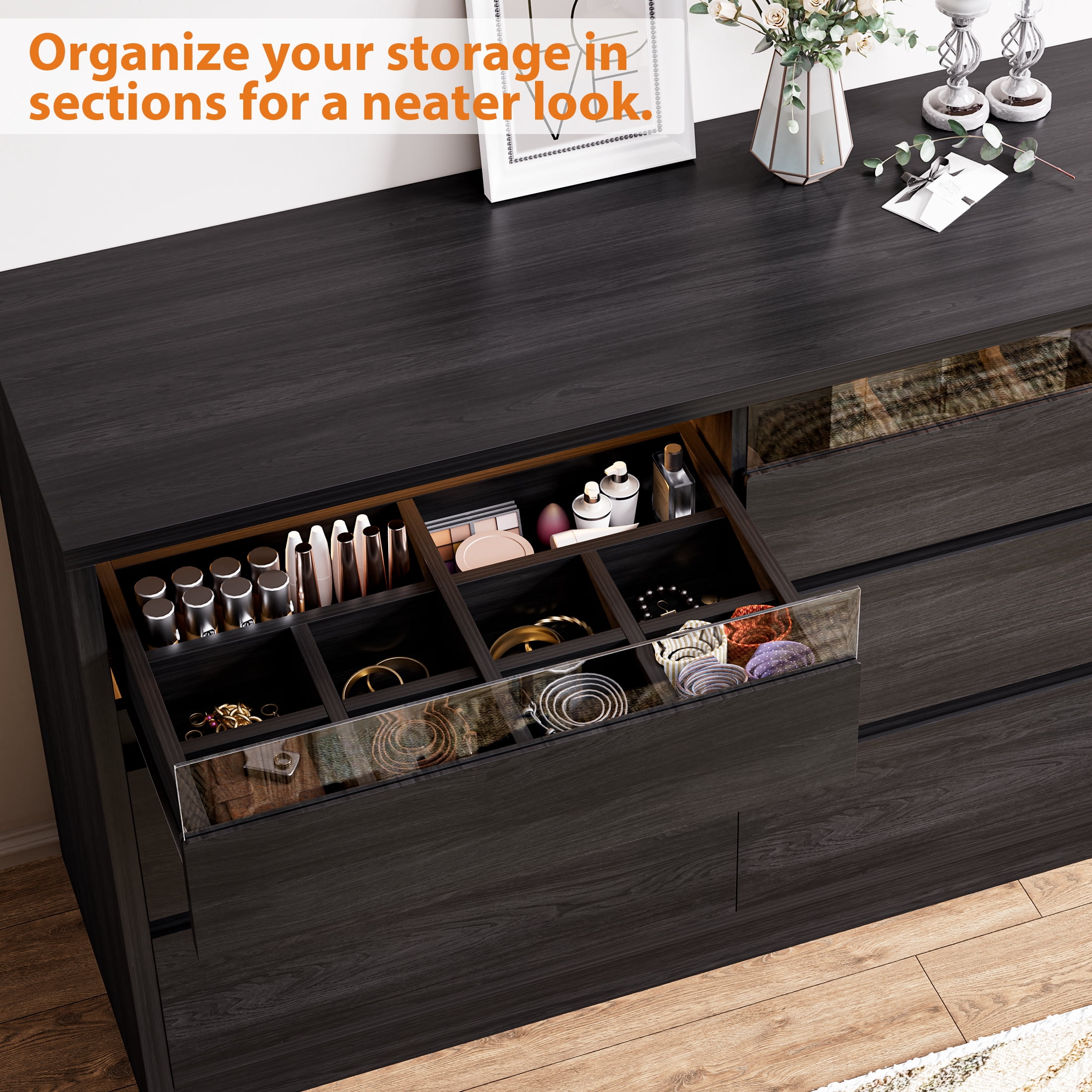 Anyact LED 6 Drawer Double Dresser for Bedroom, Modern Wood Chest of Drawers for Living Room