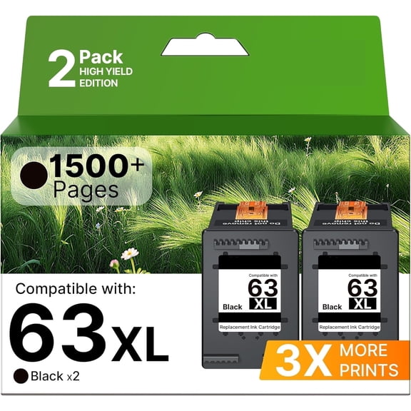 63XL Black Ink Cartridge Compatible for HP 63 Ink 63XL Ink Cartridges for OfficeJet 3830 3833 4650 4652 4655 5255 5258 Envy 4512 4520 DeskJet 1112 3630 (2 Pack Black)