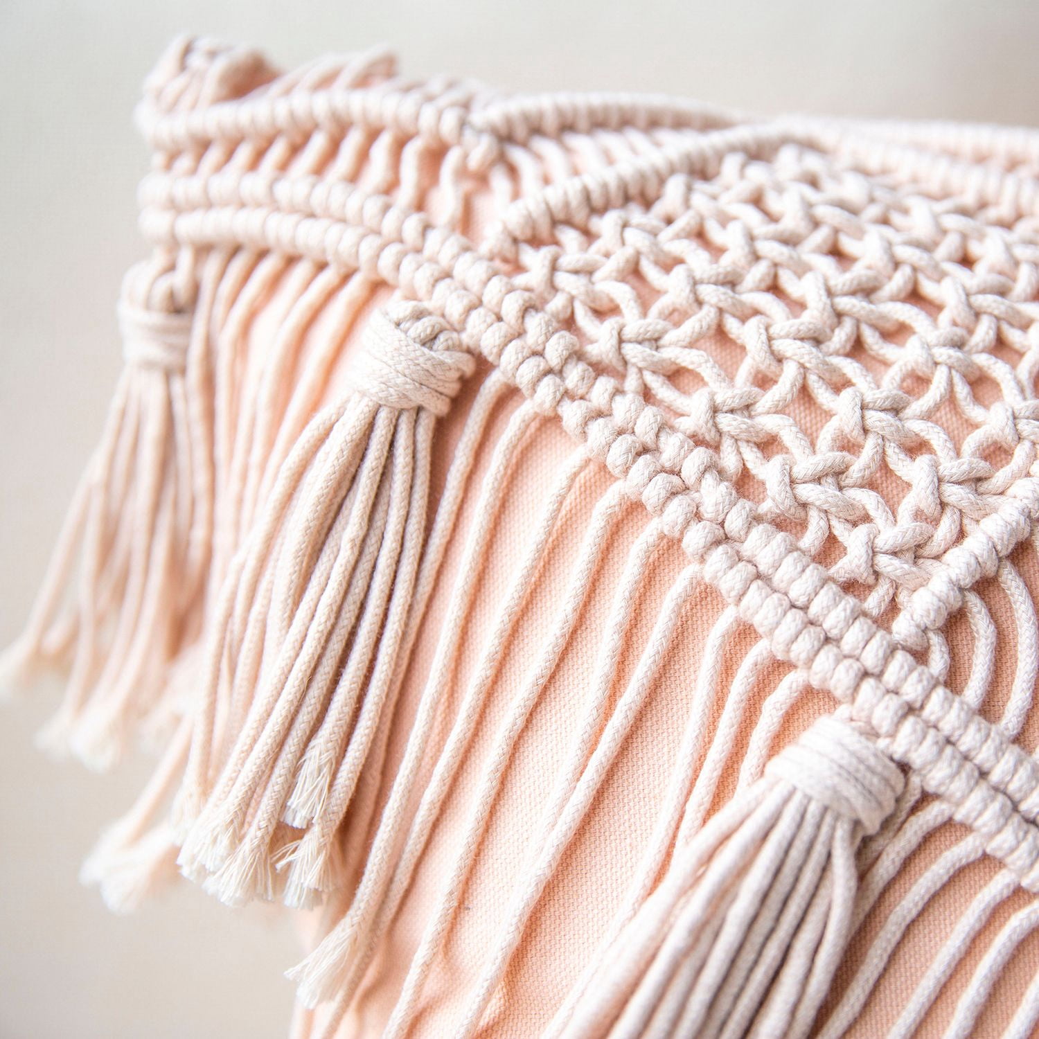 Phantoscope 100% Cotton Handmade Crochet Woven Half Covered Throw Pillow, 18 x 18 in Square Cushion with Tassels, Boho Style, Light Pink, 1 Pack