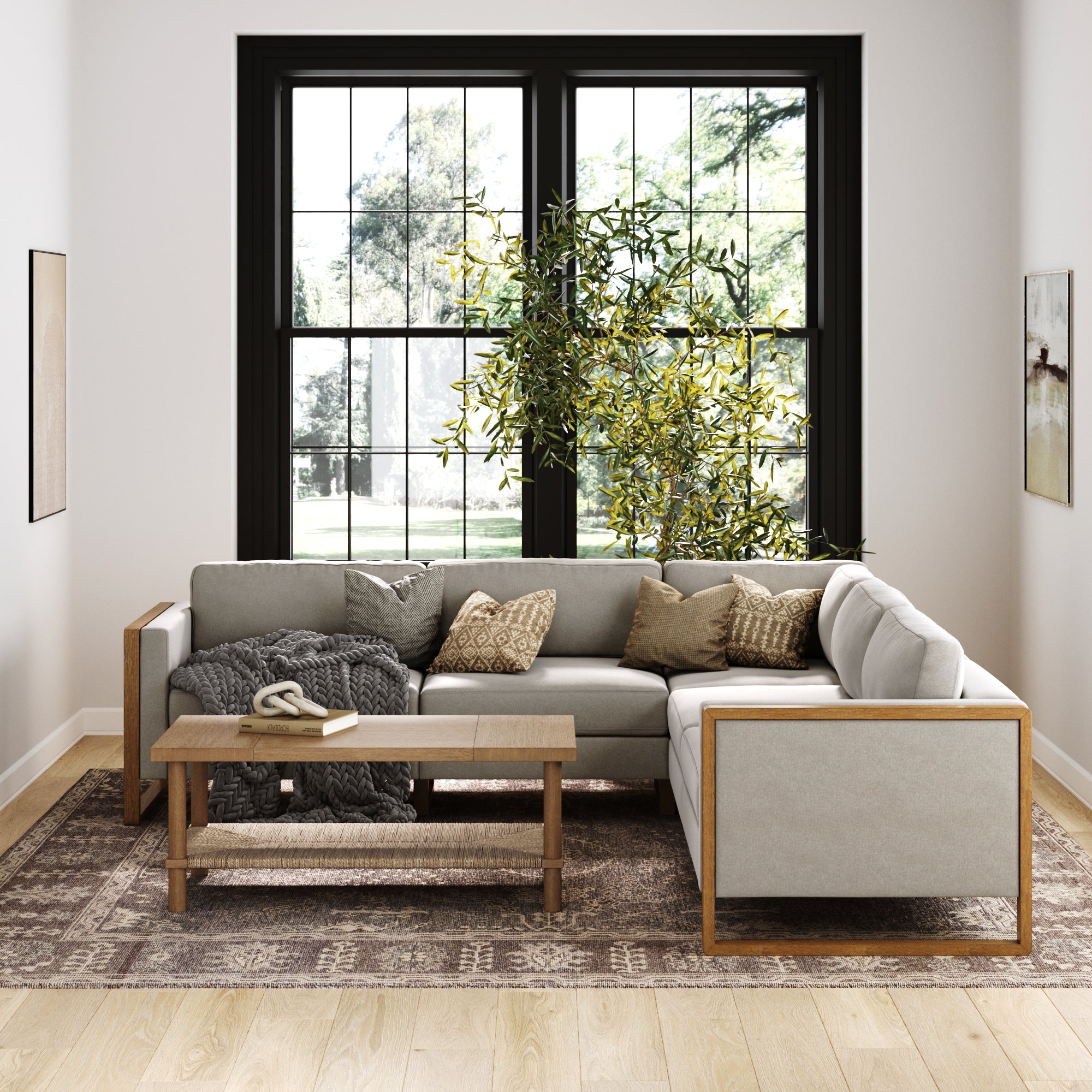 Nathan James Madison Modern Modular L-Shaped Sectional Sofa with Cushion, Upholstered 5-Seat Corner Sofa or Couch with Solid Wood Legs, Sand/Light Brown