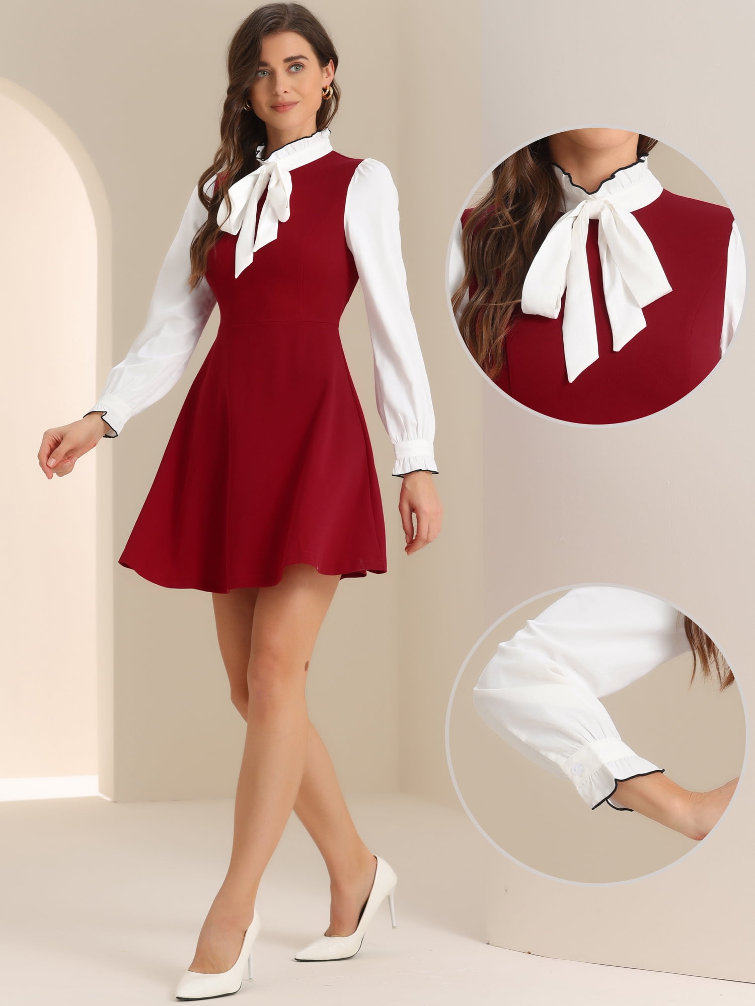 DARING DIVA Contrast Tie Neck Long Sleeve Elegant A-Line Dress XS Red