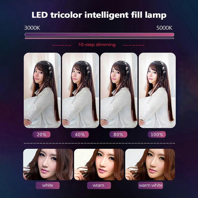 10' Dimmable LED Selfie Round Light with Phone Clip Brightness Adjustable Lamp for Live Broadcast Selfie Photography Video with Tripod