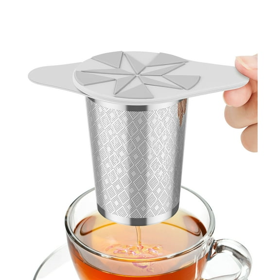 LULLATTI Extra Fine Mesh Tea Infuser Basket with Grey Silicone Lid, 18/8 Stainless Steel Large Capacity Tea Strainer for Brewing Tea, Coffee, Iced Tea - Fits Mugs/Cups/Mason Jars/Pitcher