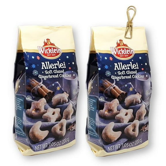 Wicklein Allerlei Soft Glazed Gingerbread Lebkuchen Cookies 7.05 Oz X 2 with Vintage Design Metallic Wire Bag Clip (3-Pc Set)