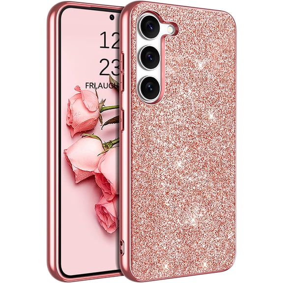 Samsung Galaxy S23 Plus Case, Galaxy S23 Plus/S23  Case 6.6 Inch Glitter Bling Sparkly Shiny Slim Women Girls Hybrid Soft Smooth Shockproof Protective Girly Phone Cases Cover, Rose Gold/Pink