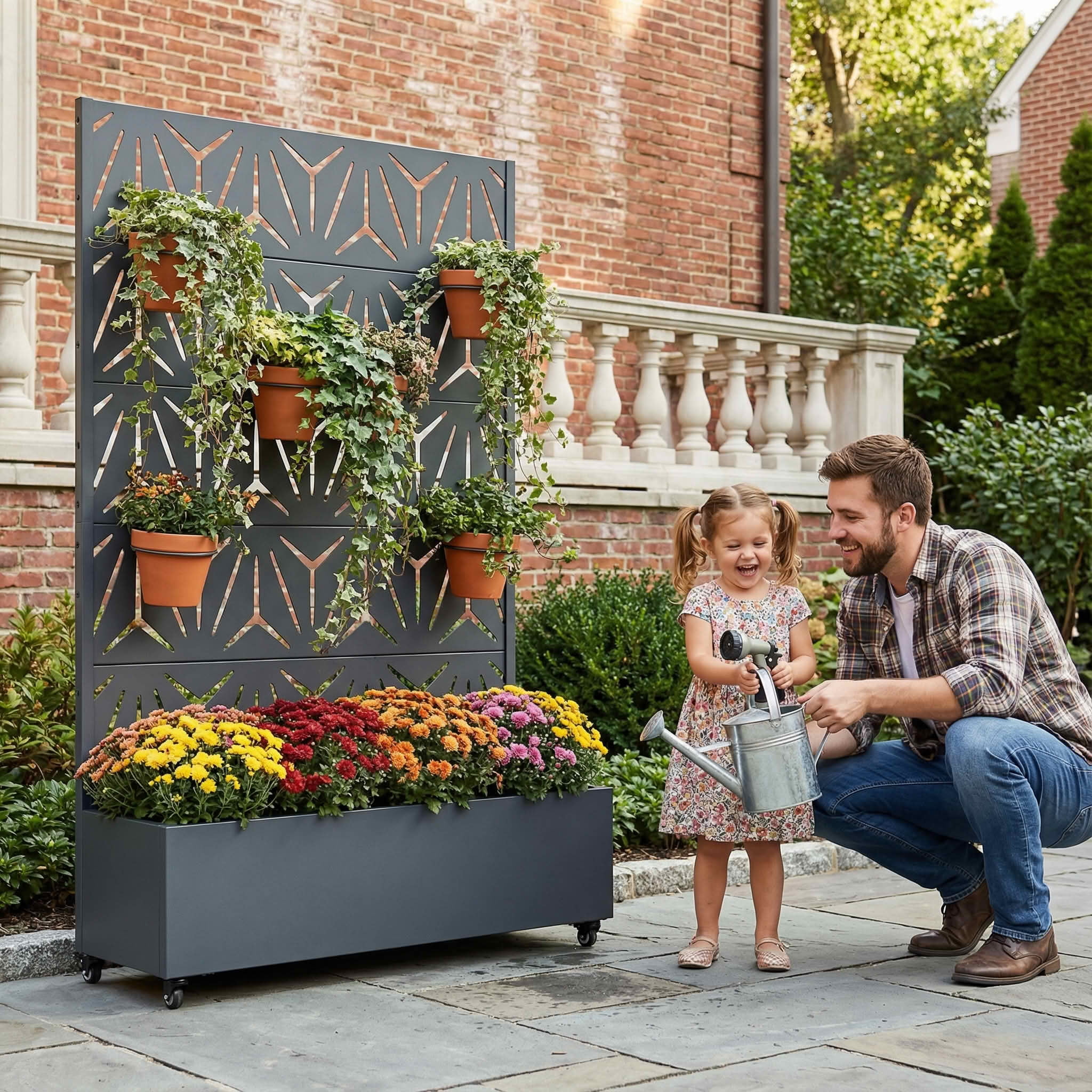 MAYEERTY 72X47" Metal Outdoor Cambrian Gray Privacy Screen with Planter Box for Backyard & Garden, 5 Piece Set