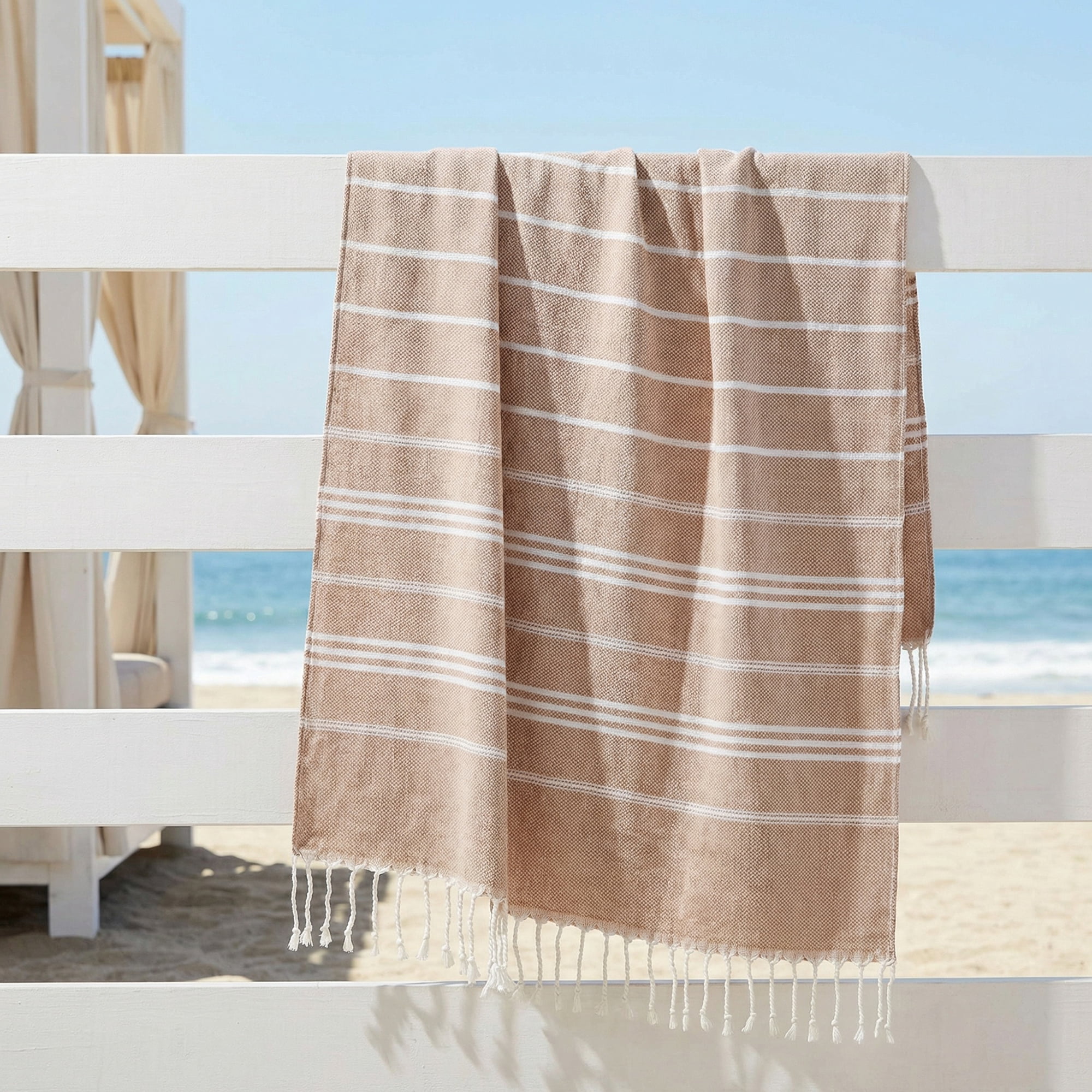Unique Bargains 2Pcs Striped Quick Dry Beach Towel Brown Green 71" x 35"/71" x 40"