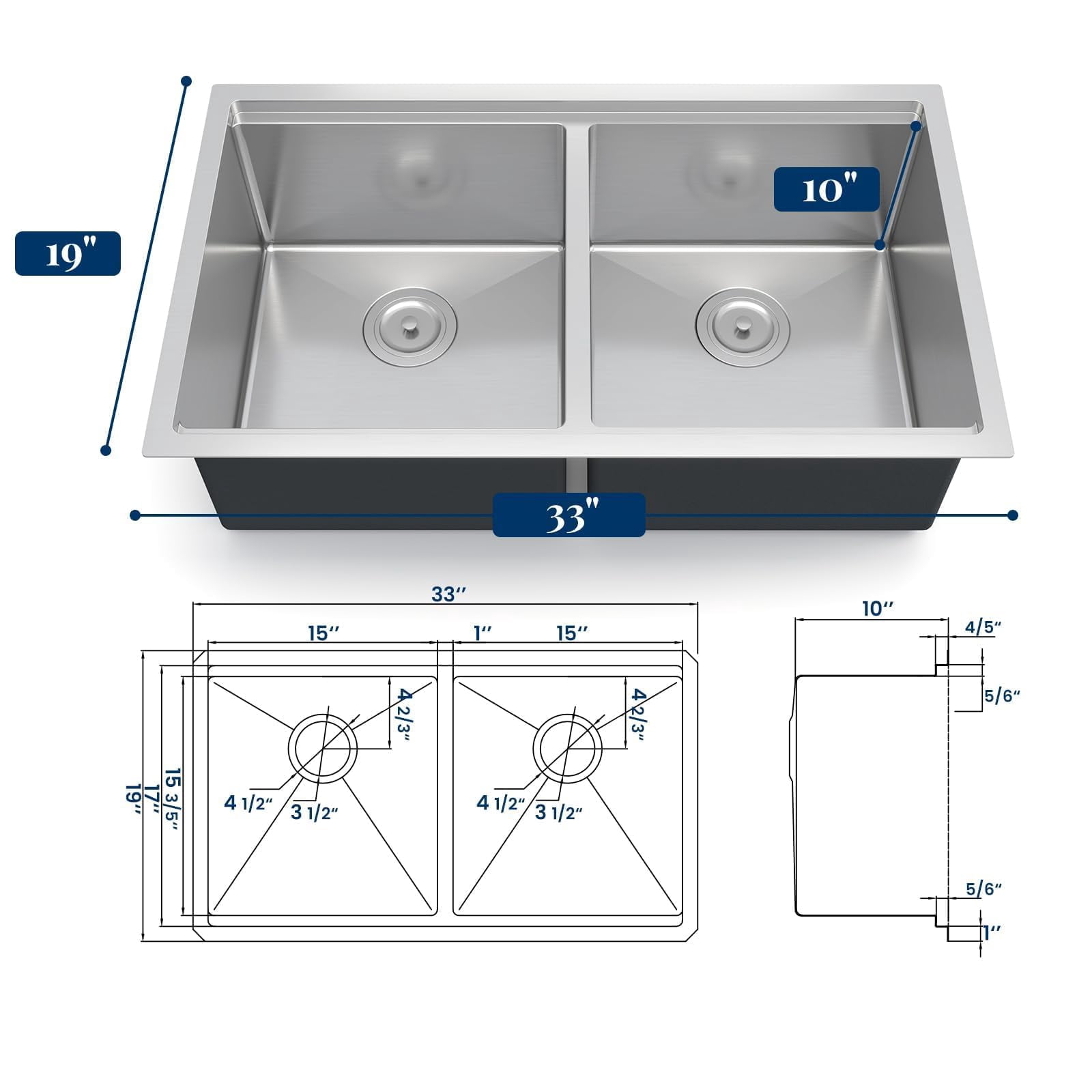 DSstyles Spacious Double Bowl Undermount Kitchen Basin 36x19x10 Inch – 304 Brushed Stainless Steel, Deep Flat Bottom, Bottom Grid & Drain Kit, Commercial Grade, Noise Reduction, Easy Clean